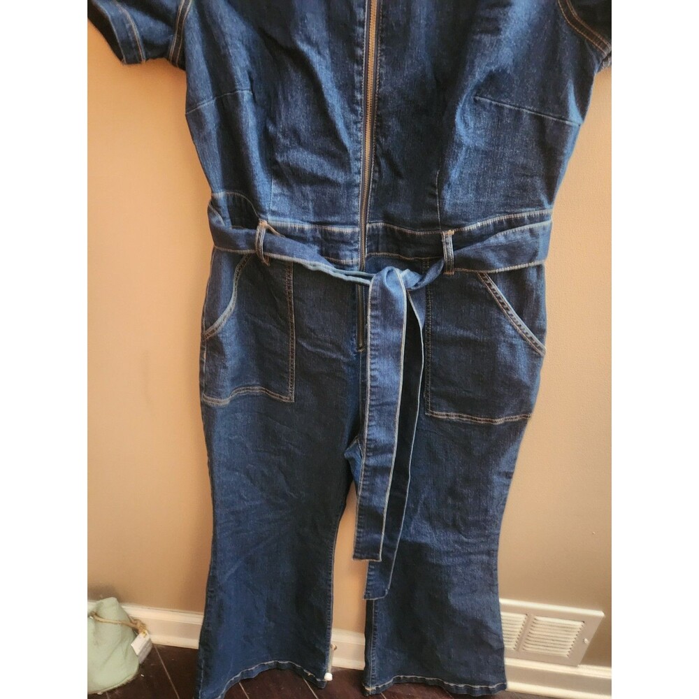 Ava And Viv Women's Short Sleeve Dark Denim Jumpsuit Belted Wide Leg Size 17 - Picture 3 of 10